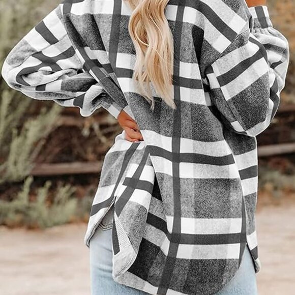 WOMEN OVERSIZED PLAID PATTERN LONG SHACKET GREY - Picture 3 of 7